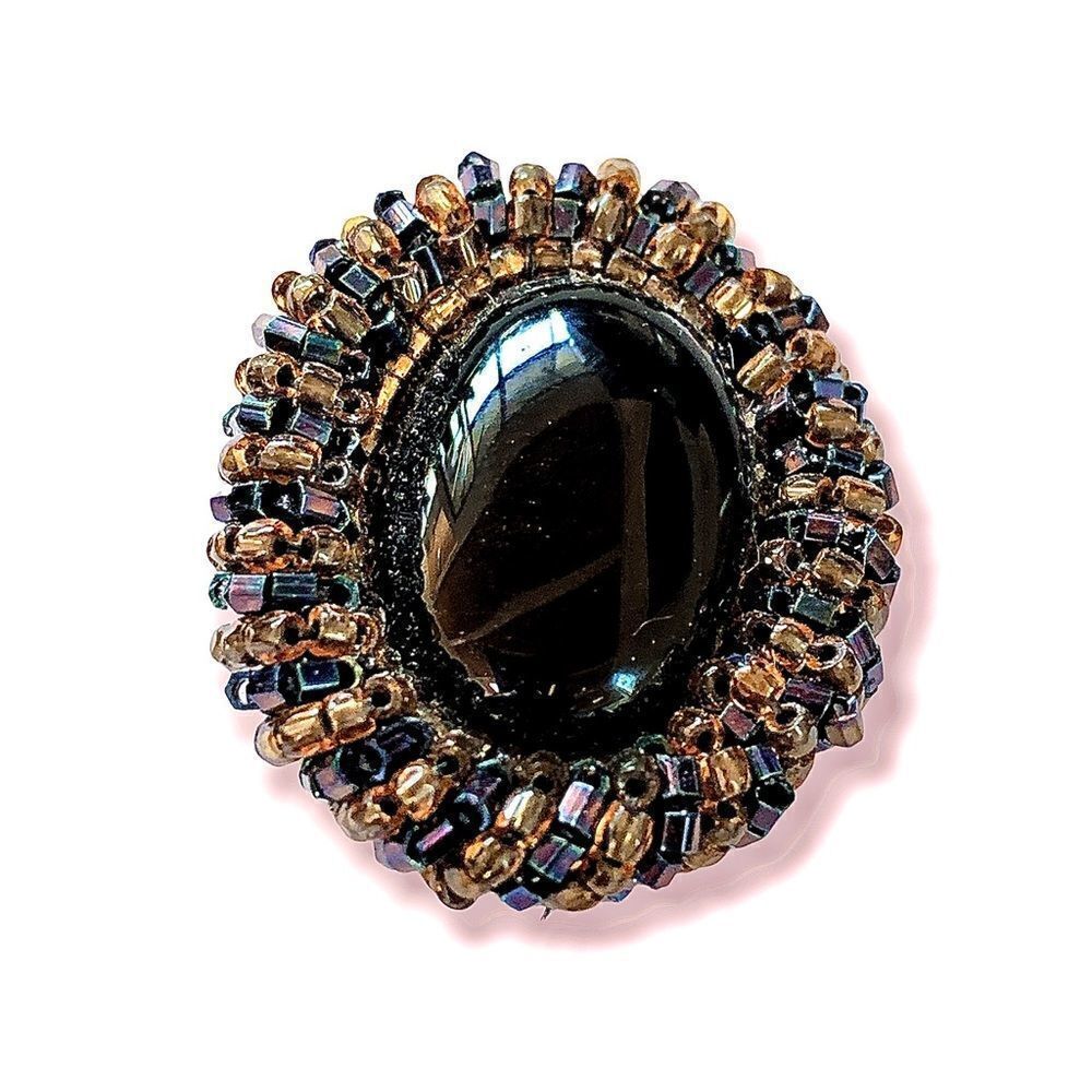 Black onyx gold blue hand beaded oval pierced earrings Artist designed Vtg